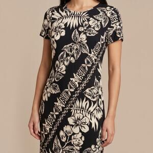 Hilo Hattie Women's Tropical Floral Midi Dress Tribal Tapa Print Black XS